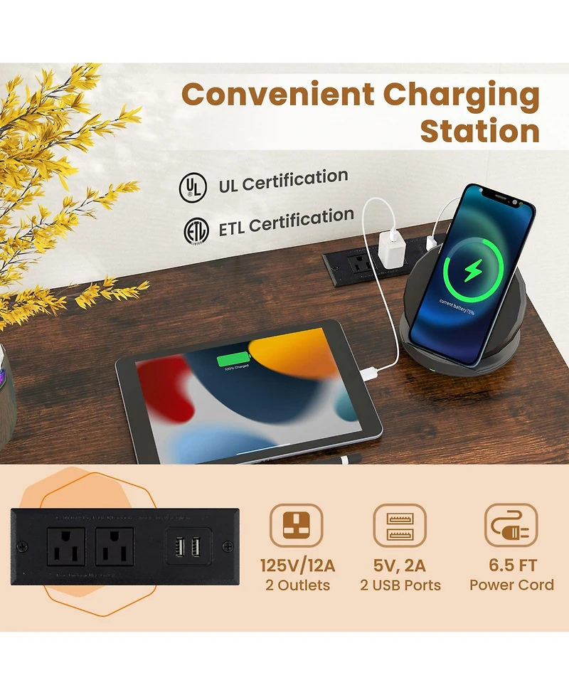Gouun 32 Inch Home Office Desk with Charging Station Storage Bag and Headphone Hook