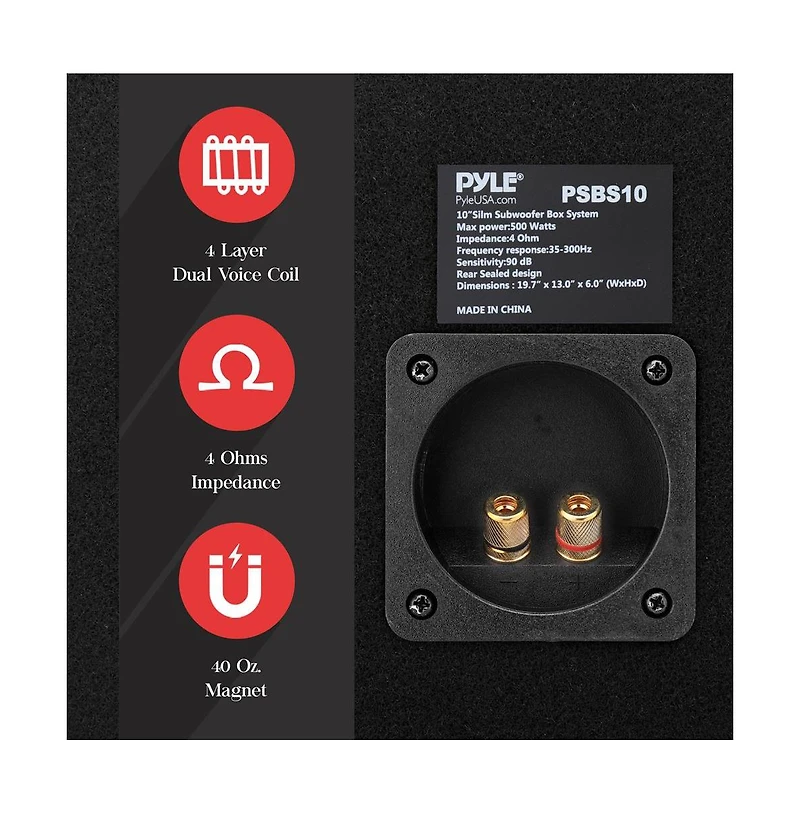 Pyle Slim Subwoofer Box System, 10'' 500W, Truck Audio Enclosure