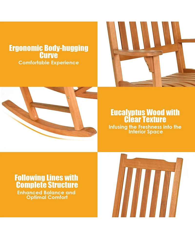 Gymax 3 Pcs Eucalyptus Rocking Chair Set W/ Coffee Table 2 Wood Conversation Chairs