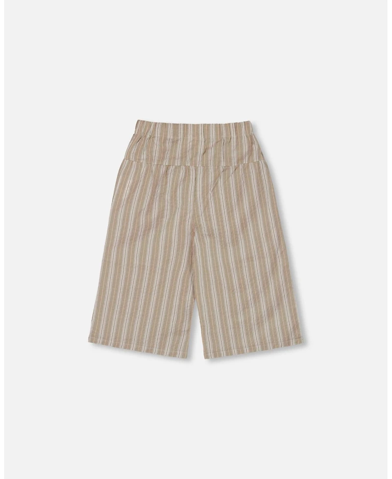 Deux par Deux Toddler Girls Wide Leg Capri Linen Pant White And Sage Striped - Toddler|Child