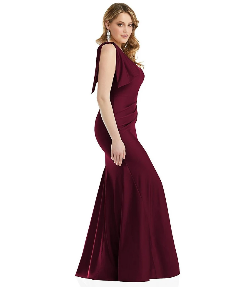 Cynthia & Sahar Women's Cascading Bow One-Shoulder Stretch Satin Mermaid Dress with Slight Train