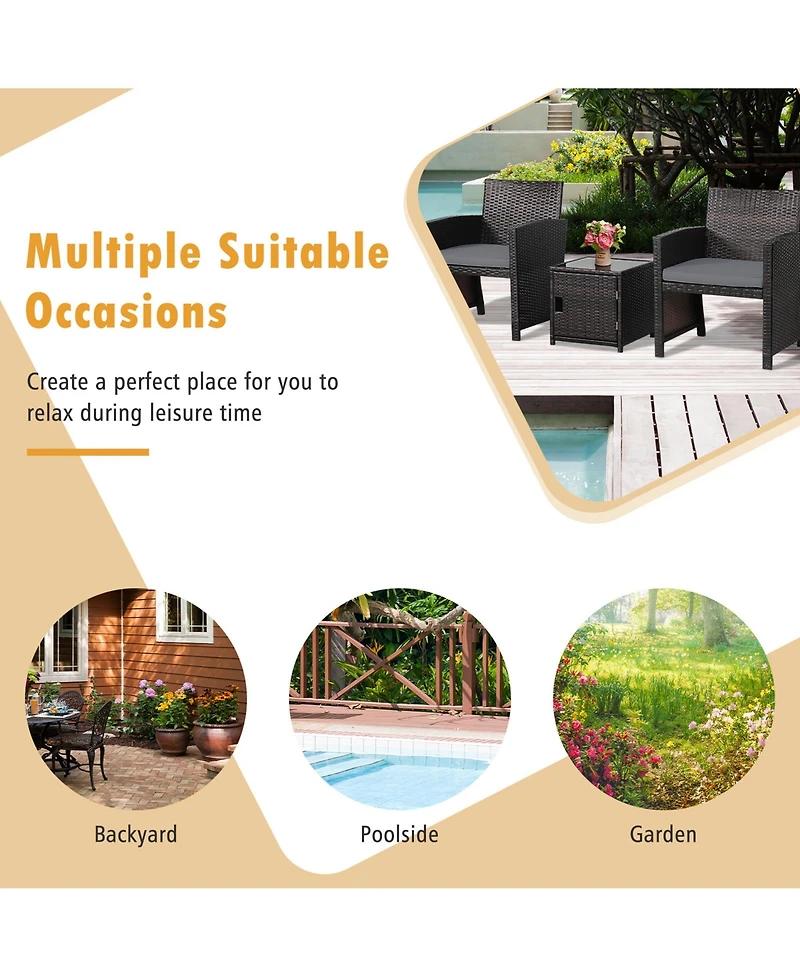 Gymax 3PCS Patio Pe Rattan Conversation Furniture Set Bistro w/ Waterproof Cover Turquoise