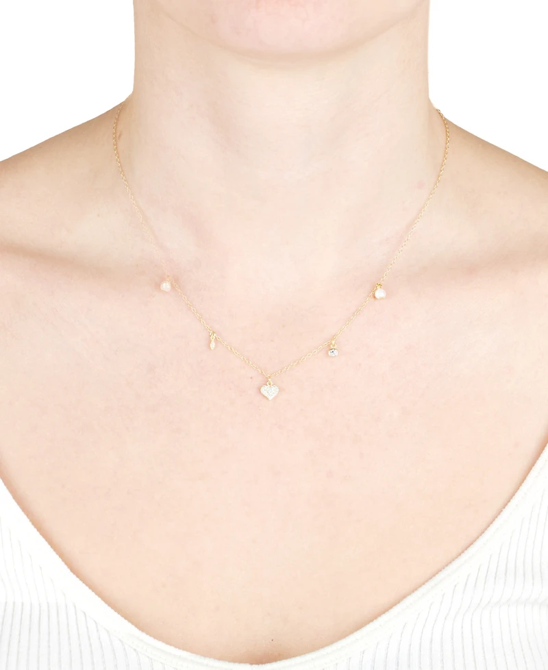 Freshwater Pearl (4mm) & Cubic Zirconia Heart Bezel Dangle Collar Necklace Sterling Silver, 16" + 2" extender (Also Available 14k Gold over St