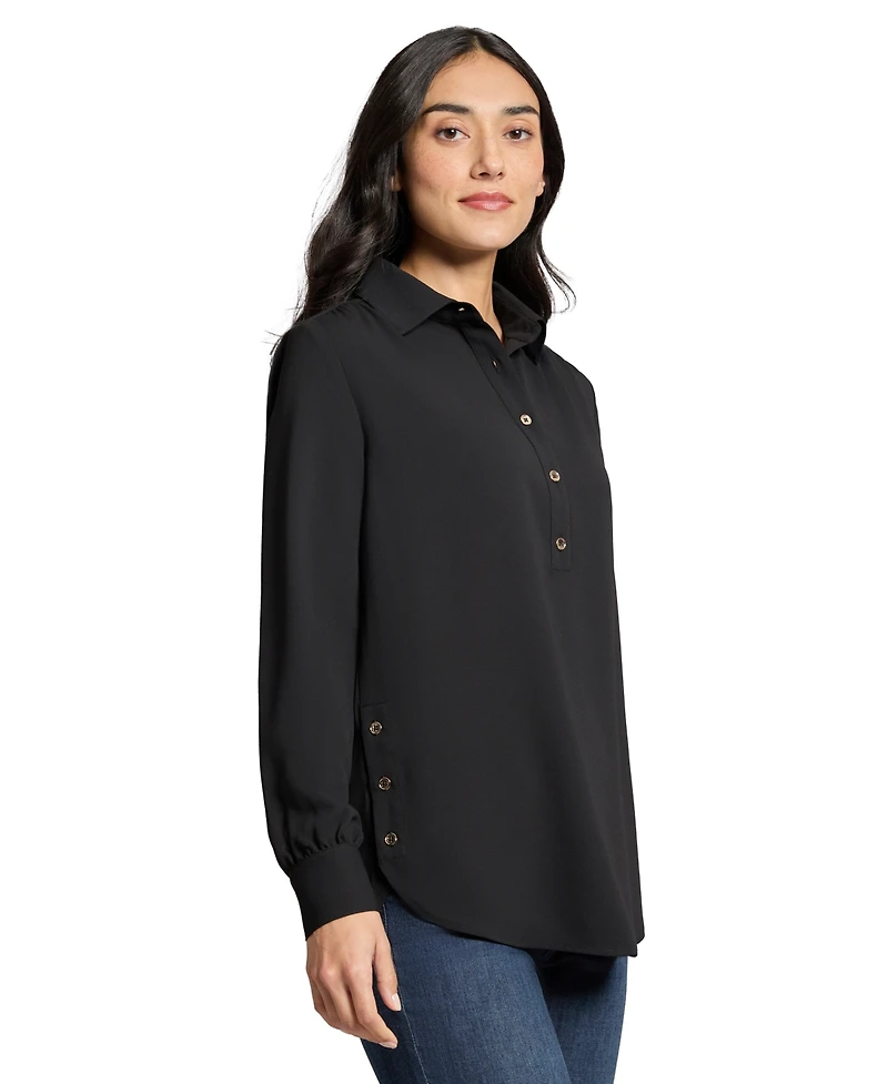 Long Sleeve Shirttail Side Button Popover Tunic