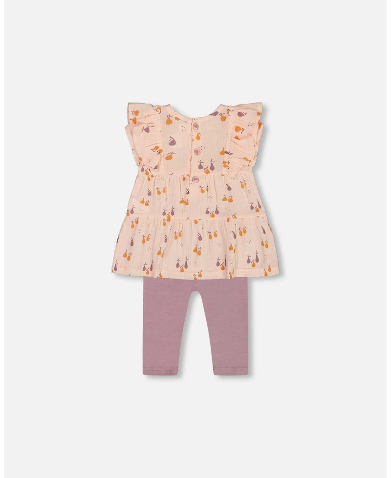 Deux par Baby Girls Printed Muslin Tunic And Organic Cotton Legging Set Peach With Pears Purple
