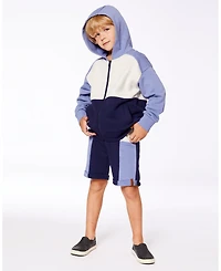 Deux par Deux Toddler Boys French Terry Color Block Full Zip Hoodie Sweatshirt Blue, Navy And Cream - Toddler|Child