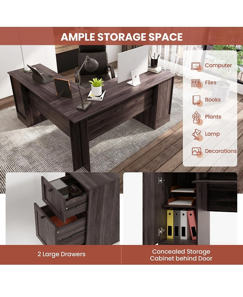 Gouun L-Shaped Office Desk with Storage Drawers and Keyboard Tray