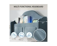 gaomon Upholstered Twin Bed Frame with Led Lights, Velvet Platform Bed Frame with Wing Back Storage Headboard, Wood Slats Support