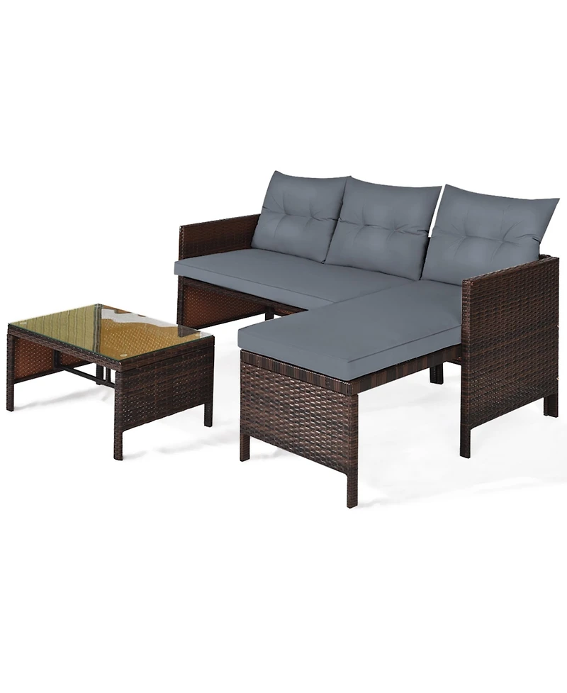 Gymax 3PCS Outdoor Rattan Furniture Set Patio Couch Sofa Set w/ Cushion