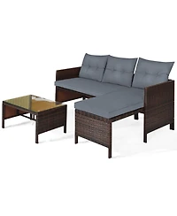 Gymax 3PCS Outdoor Rattan Furniture Set Patio Couch Sofa Set w/ Cushion