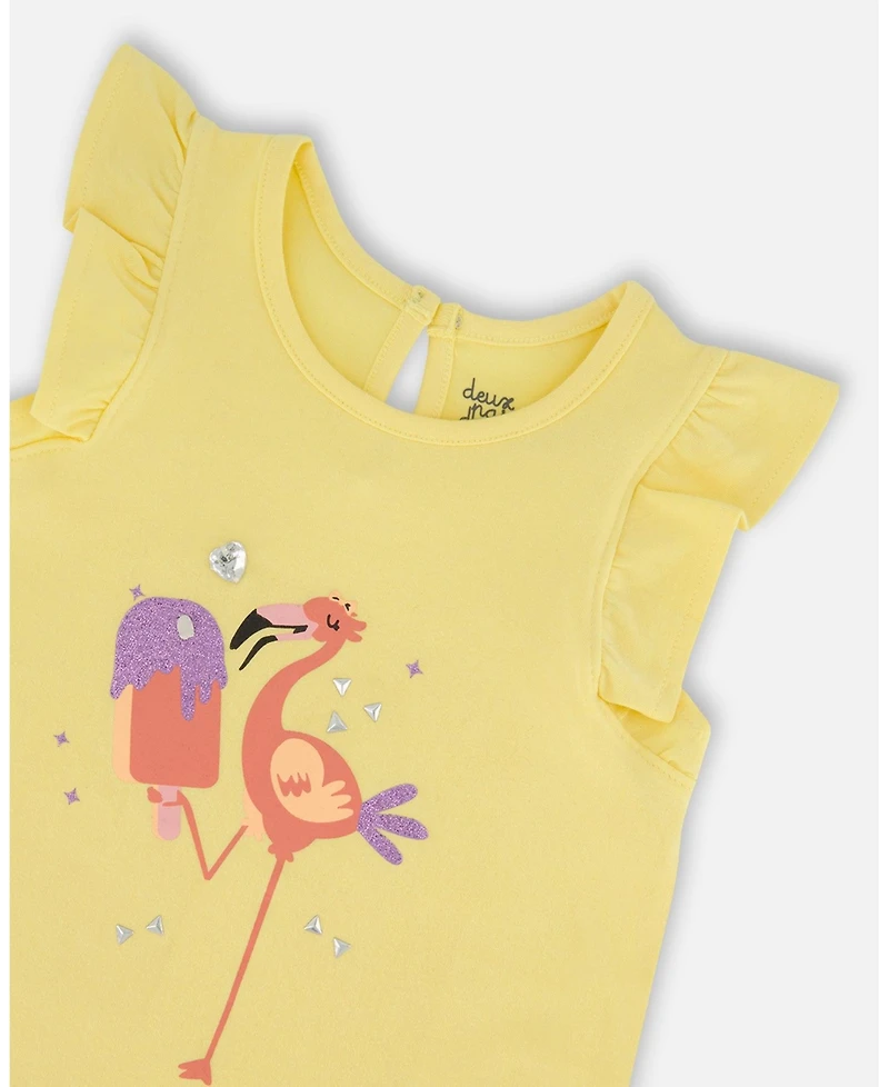 Deux par Deux Toddler Girls Cotton Tunic With Frill And Print Yellow And Flamingo - Toddler|Child