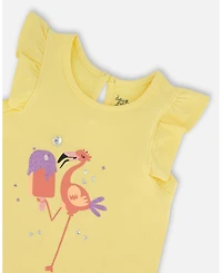 Deux par Deux Toddler Girls Cotton Tunic With Frill And Print Yellow And Flamingo - Toddler|Child