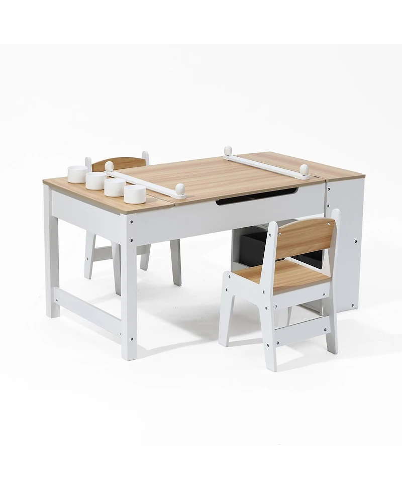 LuxenHome Activity Children Table with Storage Bookcase and 2 Chairs Set