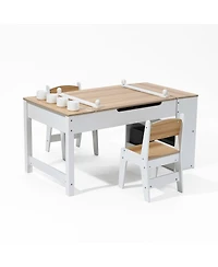 LuxenHome Activity Children Table with Storage Bookcase and 2 Chairs Set