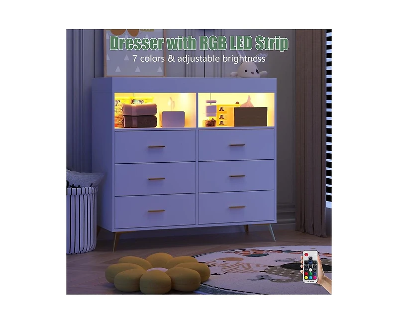 gaomon Dresser for Bedroom with 6 Drawers, Baby Changing Table Dresser with Changing Pad, Led Lights & Charging Station, Baby Changing Station with Ch