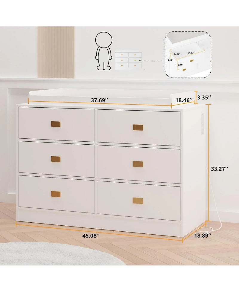 gaomon Dresser for Bedroom with 6 Drawers, Changing Table Dresser with Changing Table Top, Nursery Dresser Diaper Changing Station for Baby with Power