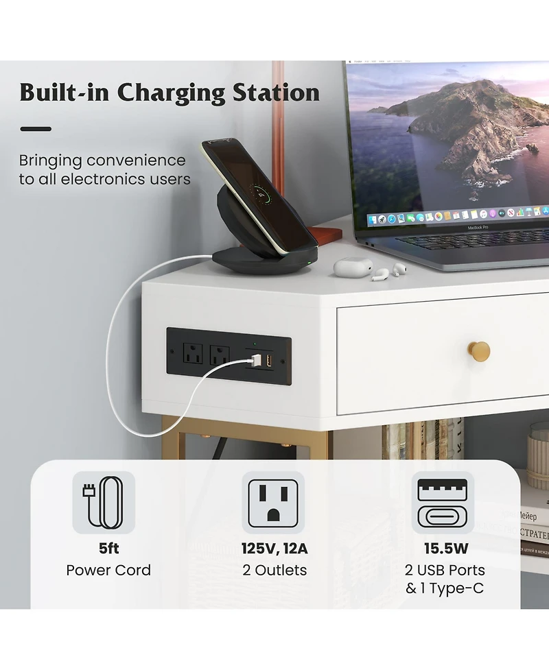 Gouun Triangle Corner Desk with Charging Station with 2 Drawers and Storage Shelf