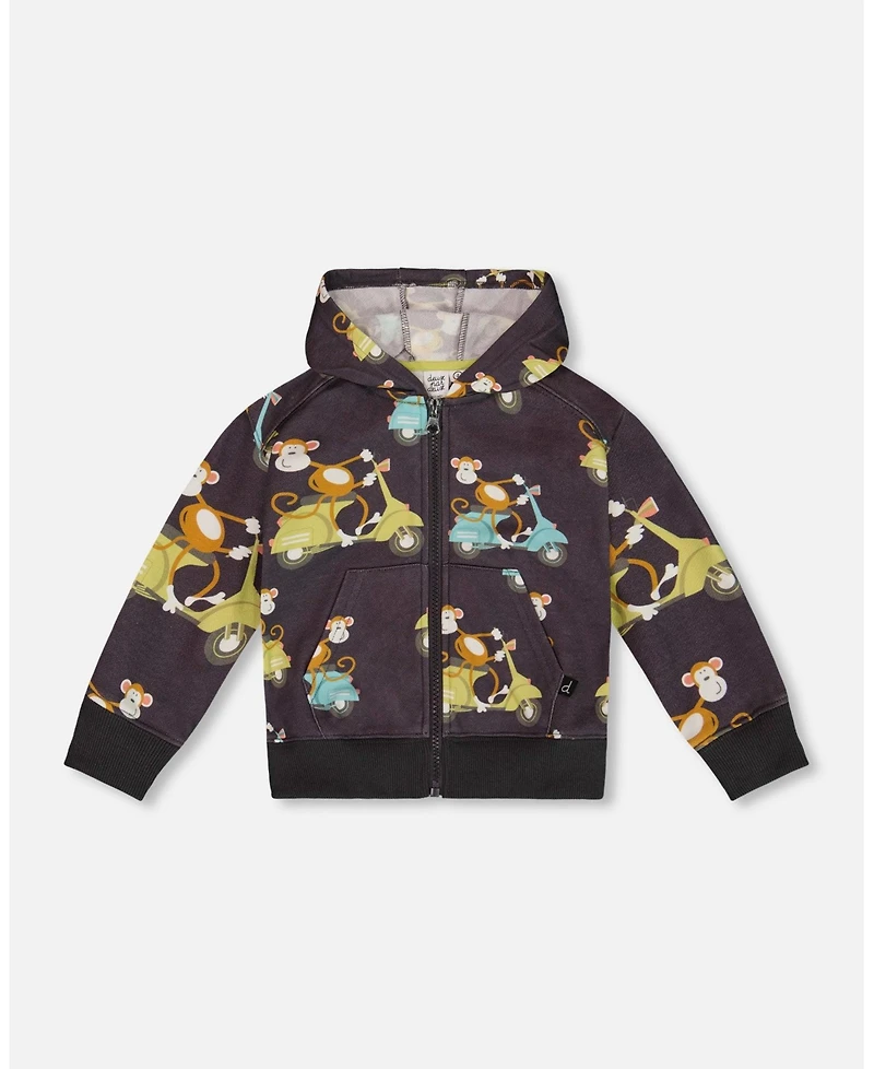 Deux par Deux Toddler Boys Printed French Terry Hooded Full Zip Cardigan Sweatshirt Monkey On Navy Moped - Toddler|Child