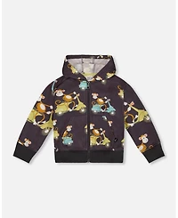Deux par Deux Toddler Boys Printed French Terry Hooded Full Zip Cardigan Sweatshirt Monkey On Navy Moped - Toddler|Child