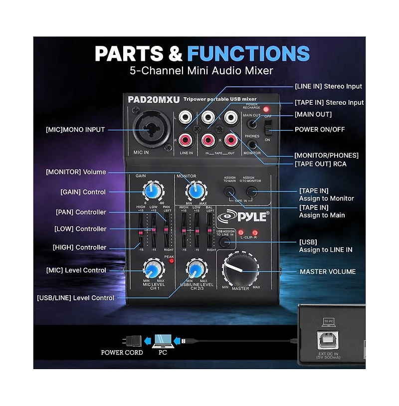 Pyle Compact Dj Mixer with Usb Interface, 5-Channel Pro Audio Mixer