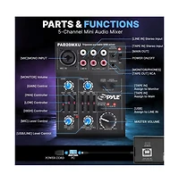 Pyle Compact Dj Mixer with Usb Interface, 5-Channel Pro Audio Mixer