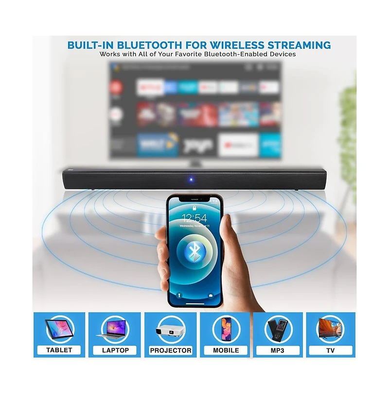 Pyle Wave Base Bluetooth Soundbar Speaker System With Remote, Aux, Optical Input