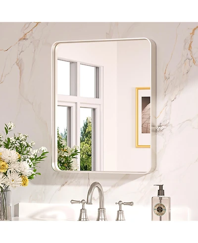 Keonjinn 16x24 Inch Brushed Gold Bathroom Vanity Mirror Tempered Glass Metal Framed