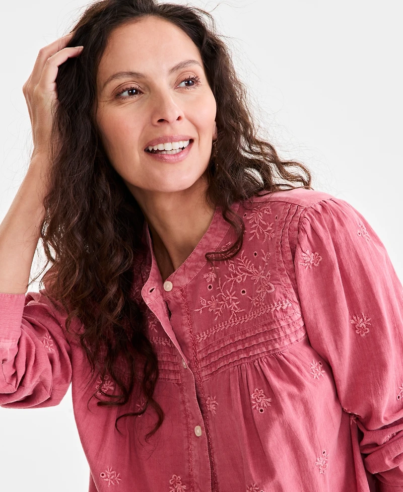 Style & Co Women's Embroidered Cotton Button-Front Top, Exclusively at Macy's