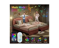gaomon Twin Upholstered Smart Led Bed Frame with Adjustable Bear Headboard, Storage Drawer, Velvet Princess Platform Bed Frame for Kids/Girls, Wooden