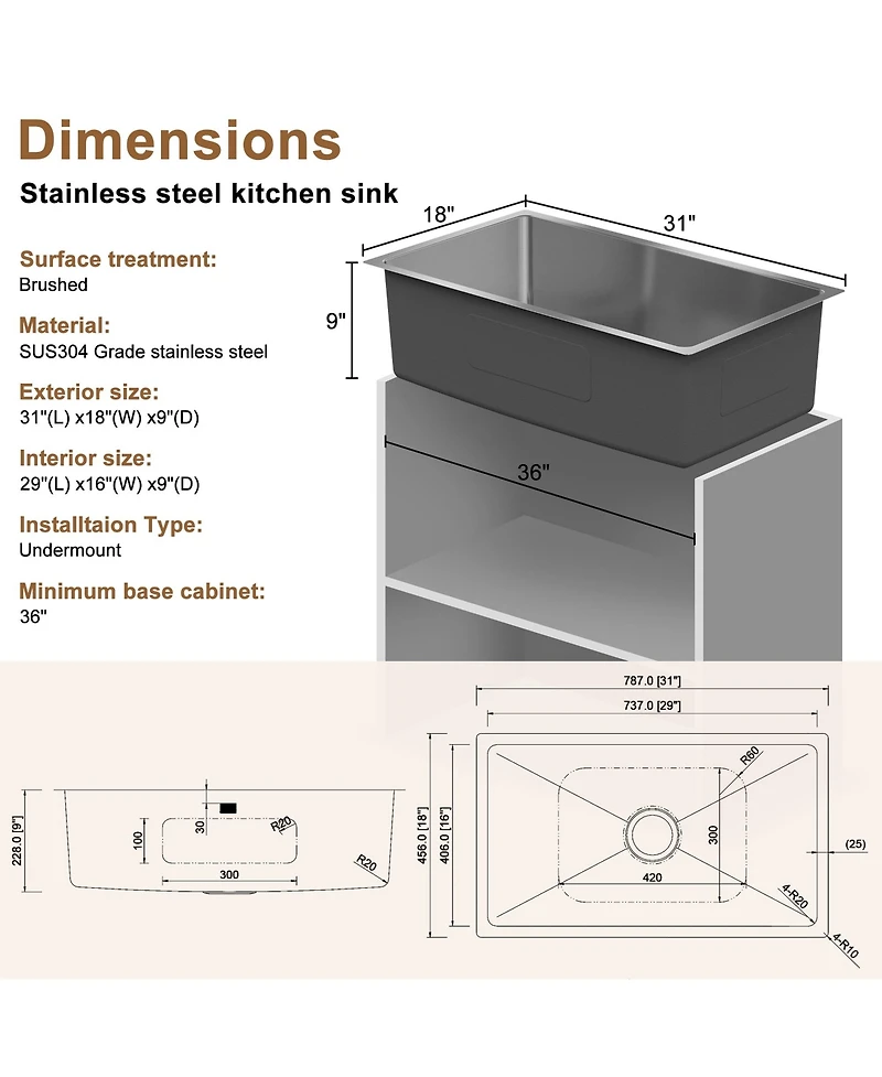 Casainc 31inch L Kitchen Sink with Accessories