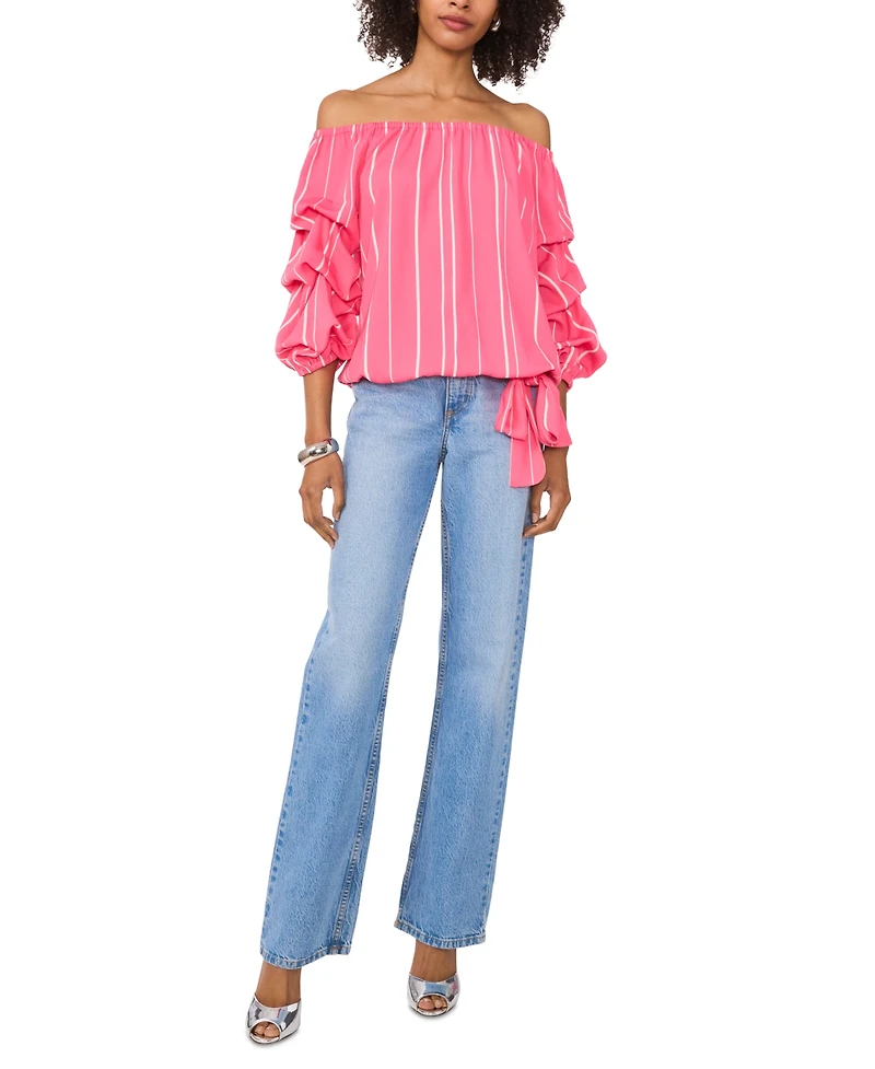 Vince Camuto Women's Striped Off-The-Shoulder Bubble 3/4-Sleeve Tie-Front Blouse