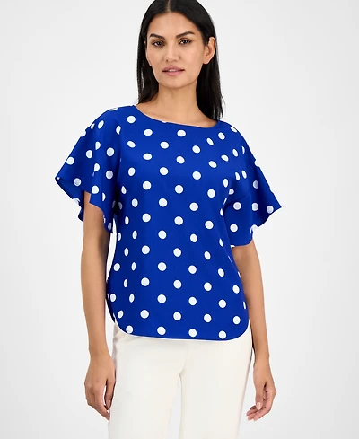 Anne Klein Petite Dot-Print Boat-Neck Flutter-Sleeve Top