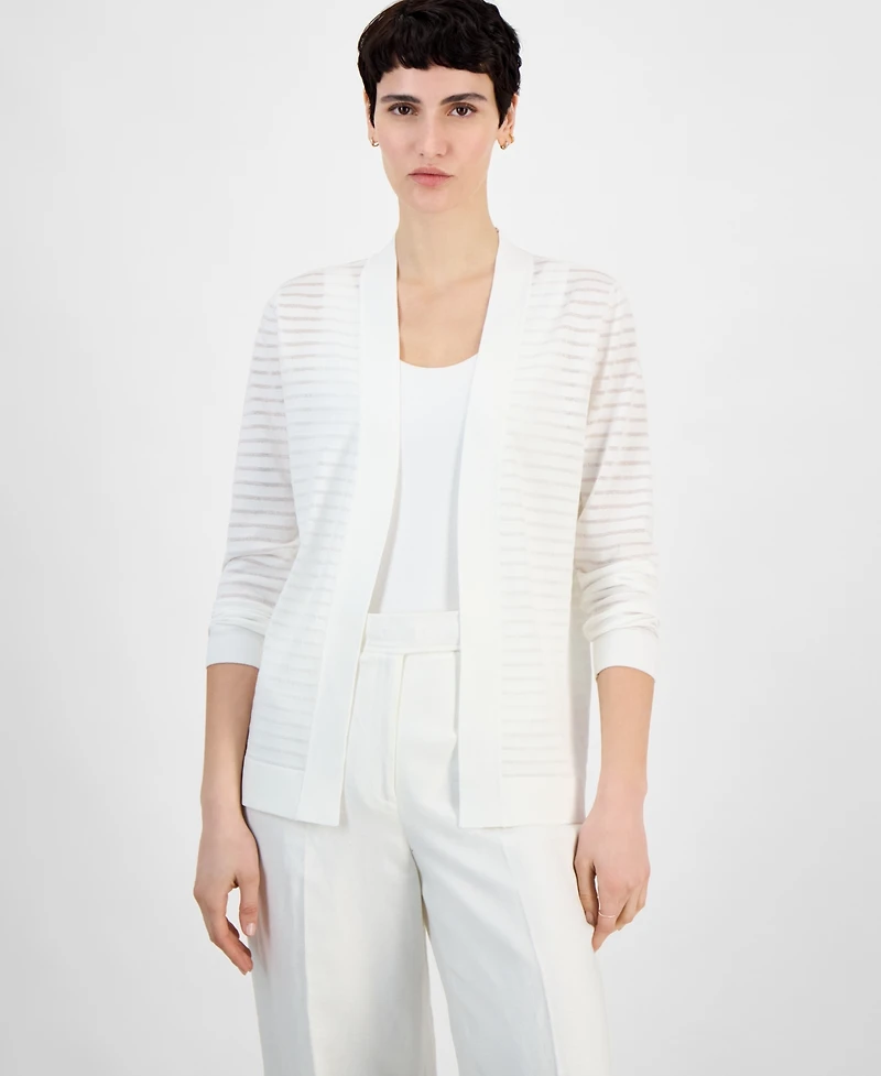 Anne Klein Petite Sheer Striped Open-Front Cardigan Sweater