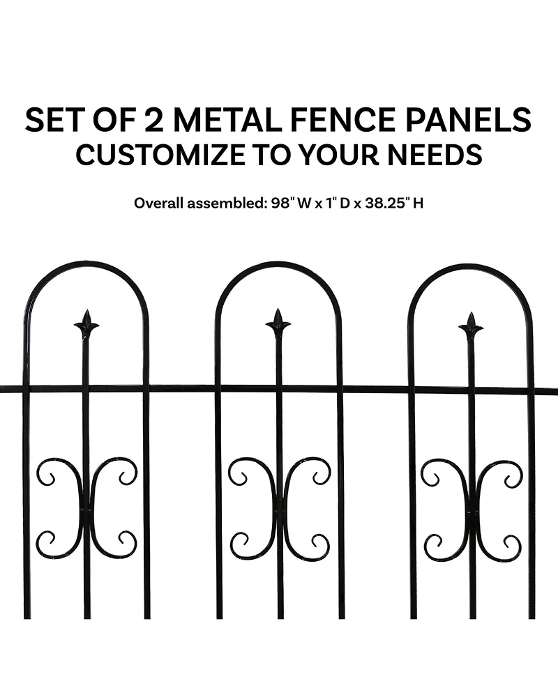 Finial 8' Set of 2 Decorative Garden Fence Panels - Iron Border Fence - 49.25" W x 38.25" H Per Panel - Black