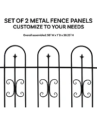 Finial 8' Set of 2 Decorative Garden Fence Panels - Iron Border Fence - 49.25" W x 38.25" H Per Panel - Black