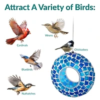 Outdoor Garden Patio Round Glass with Mosaic Design Hanging Fly-Through Bird Feeder - 6"