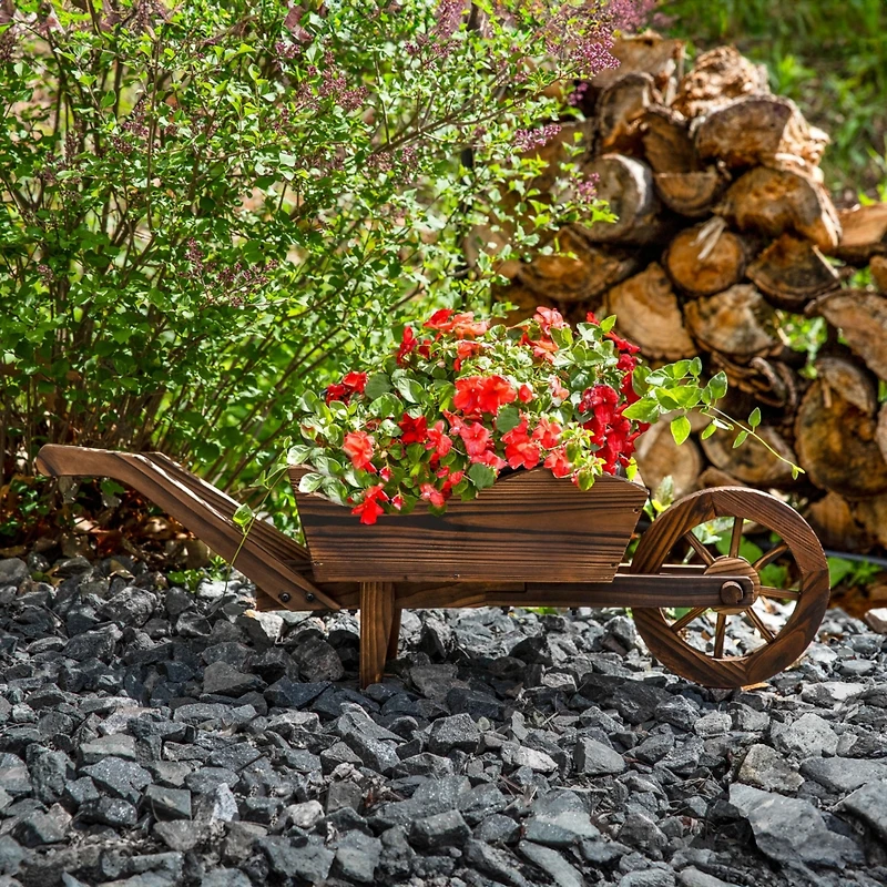 Wooden Decorative Wheelbarrow Planter for Patio, Lawn and Garden - 35" W x 10.25" D x 12" H - Brown