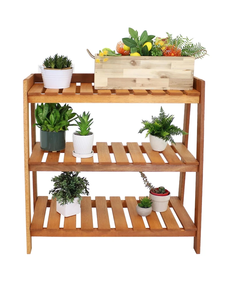 Outdoor Meranti Wood with Teak Oil Finish 3-Tiered Decorative Succulent Flower Plant Shelf Stand - 35" - Brown