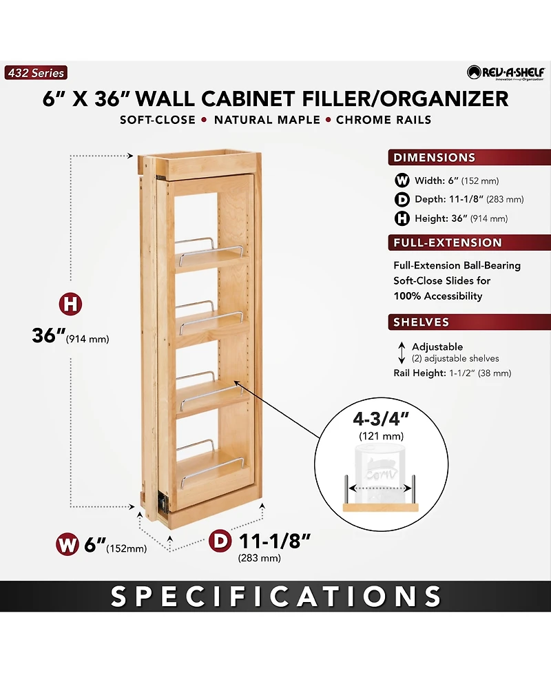 Rev-a-Shelf 6" Pullout Wall Filler w/ Soft-close, 36" Height, 432-WFBBSC36-6C