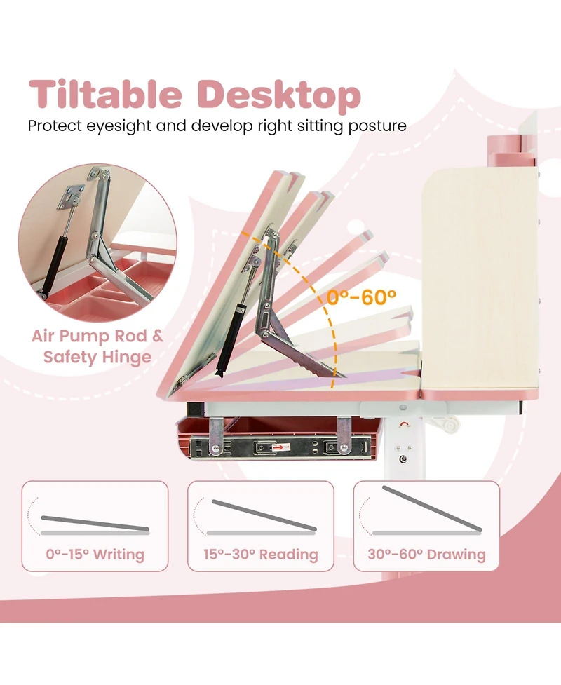 Gouun Kids Height Adjustable Children School Home Study Table and Chair Set with Tilted Desktop for 3-12 Years Old