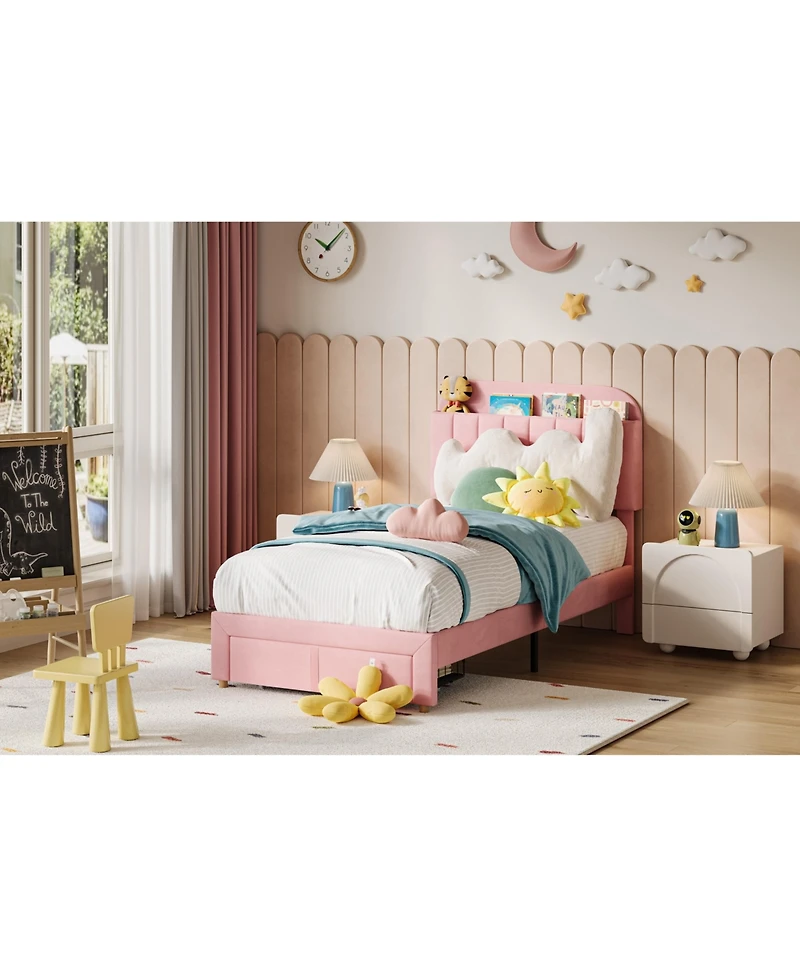gaomon Twin Size Bed Frames with Storage Headboard, Velvet Upholstered Platform Bed Frame with Strong Wooden Slats