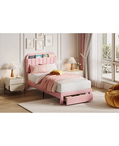 gaomon Twin Size Bed Frames with Storage Headboard, Velvet Upholstered Platform Bed Frame with Strong Wooden Slats
