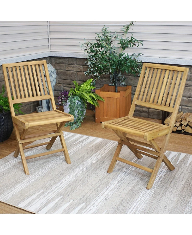 Outdoor Solid Teak Wood with Stained Finish Nantasket Folding Dining Chairs - Light Brown - 2pk