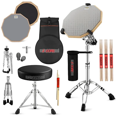 5 Core Drum Throne Adjustable Guitar Stool Padded Seat + Drum Practice Pad Snare Drumming Stand