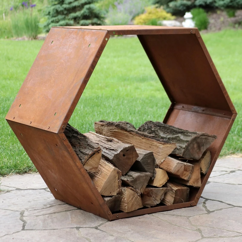 Indoor/Outdoor Heavy-Duty Steel Hexagon Honeycomb Fire Pit or Fireplace Firewood Log Rack Holder - 30