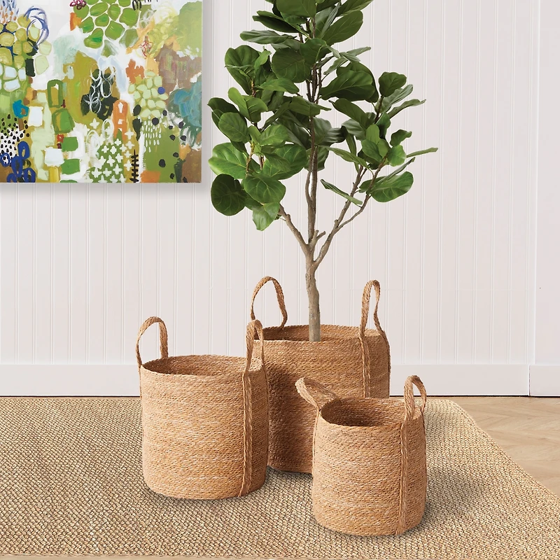 Seagrass Round Baskets With Long Handles Set of 3