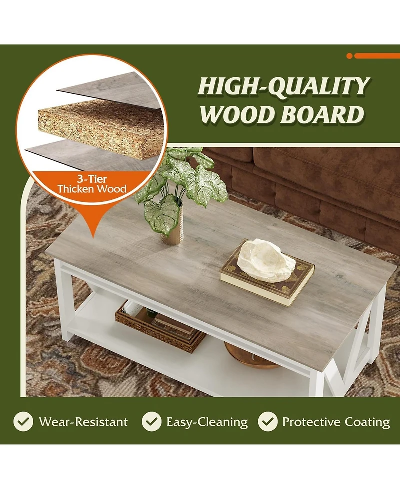 Wlive Farmhouse Coffee Table,Living Room Table with Storage,43 in Wood Center Table with V-Shaped Frame for Home Office,Apartment
