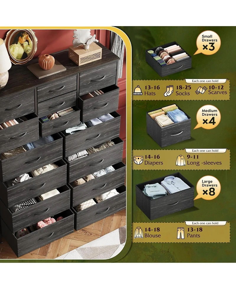 Wlive Tall Dresser for Bedroom Furniture Fabric Dressers Storage Tower with 15 Deep Drawers Closet Hallway Entryway Office w