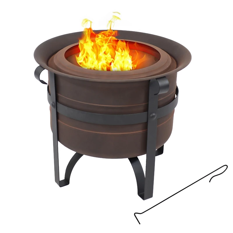 Cauldron-Style Outdoor Wood-Burning Steel Smokeless Fire Pit with Poker - 23"
