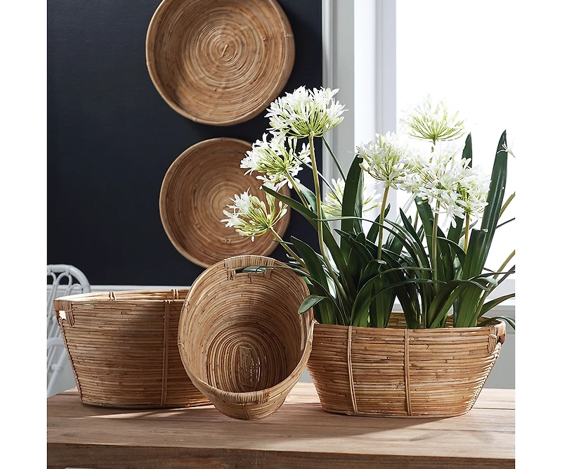 Cane Rattan Rectangular Baskets With Handles Set of 3